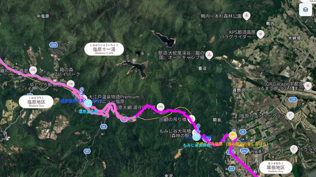 観光マップで塩原温泉方面を表示した小地図