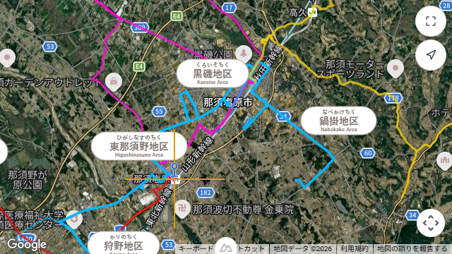 観光マップで黒磯駅と那須塩原駅周辺を表示した小地図